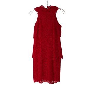 REISS Sophia Lace Overlay Dress Floral Tiered Sleeveless Back Zip Red Size 2